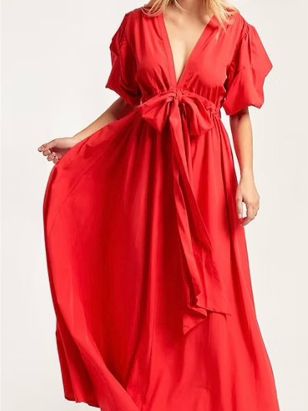 Red Puff-Sleeve Maxi Dress - Women's